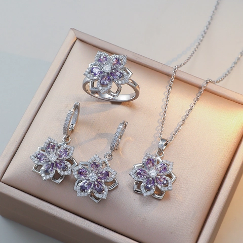 Rotating Purple Bauhinia Flower Zirconia Pendant Necklace For Women Titanium Steel Cross Chain Elegant Botanical Jewelry Gift