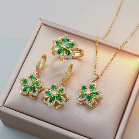 Parure de Bijoux Fleur de Bauhinia en Acier Inoxydable pour Femme Collier Boucles d'Oreilles Bague en Strass Rotatif