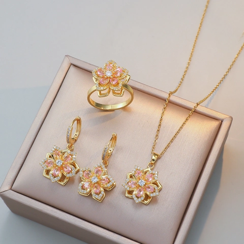 Élégant Collier Pendentif Fleur de Bauhinia en Acier Inoxydable Boucles d'Oreilles Fleur en Zircone Rose Bague pour Femme Bijoux