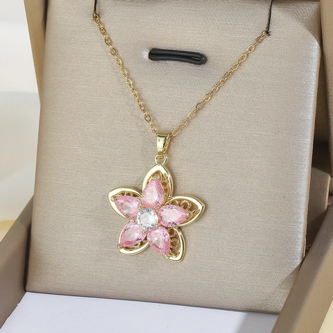 Women Luxury Stainless Steel Rotating Flower Necklace Zirconia Spinning Decompression Pendant Pink Flower Jewelry Set Gift