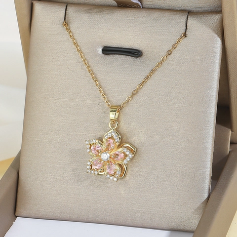 Élégant Collier Pendentif Fleur de Bauhinia en Acier Inoxydable Boucles d'Oreilles Fleur en Zircone Rose Bague pour Femme Bijoux
