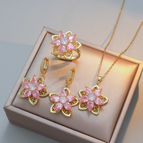 Women Luxury Stainless Steel Rotating Flower Necklace Zirconia Spinning Decompression Pendant Pink Flower Jewelry Set Gift