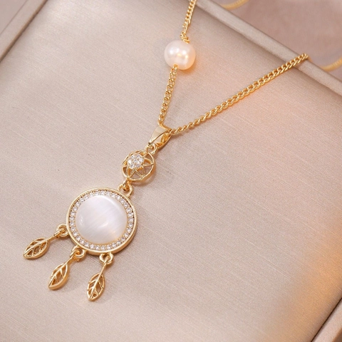 Elegante Titanstahl Anhänger Halskette Für Damen Herz Blatt Strass Künstliche Perle Choker Mode Schmuck Jahrestag Geschenk