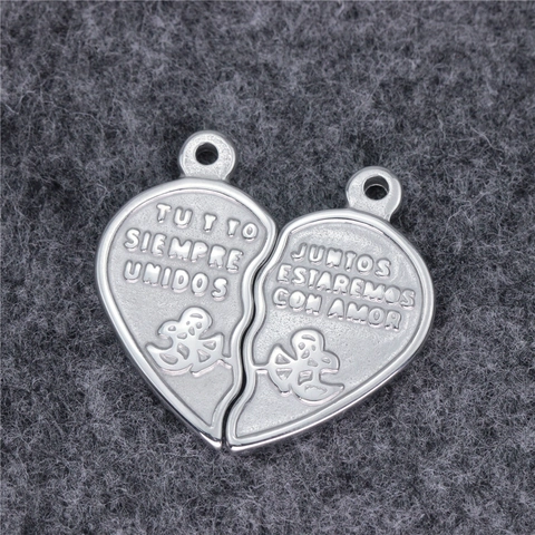 Stainless Steel Cupid Broken Heart Puzzle Pendant Pair With Spanish Engraving Silver Polished Angel Love Jewelry Gift