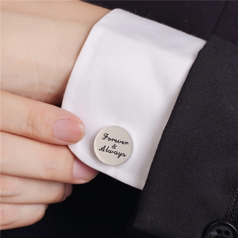 Boutons de Manchette Ronds en Acier Inoxydable pour Hommes Gravés Forever & Always pour Chemise Affaires Mariage Bijoux