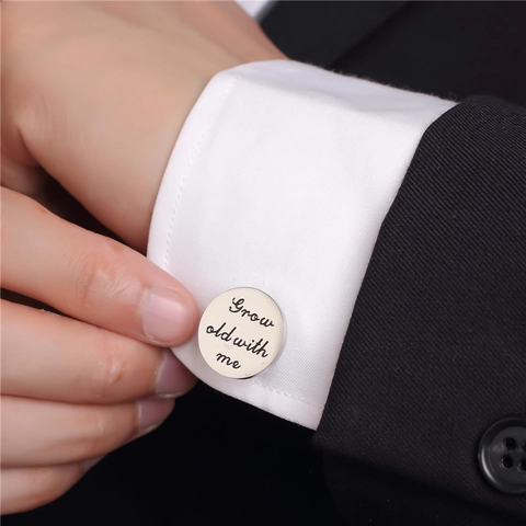 Men Titanium Steel Cufflinks Round Silver Engraved Grow Old With Me The Best Is Yet To Be Business Wedding Shirt Jewelry