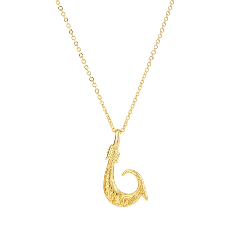 Vintage 18K Vergoldet Kupfer Angelhaken Anhänger Halskette Für Damen Geprägt Blumen Scroll Polynesischen Kulturschmuck Geschenk