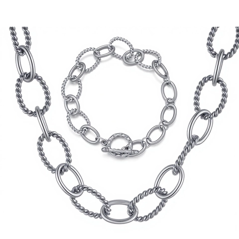 Conjunto de Collar y Pulsera de Acero Inoxidable con Cadena de Cuerda Trenzada Bicolor Oro Plata Joyería Regalo