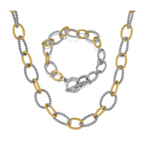 Conjunto de Collar y Pulsera de Acero Inoxidable con Cadena de Cuerda Trenzada Bicolor Oro Plata Joyería Regalo