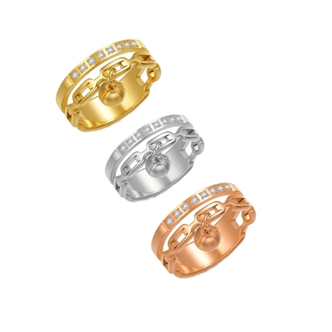 Anillo de Acero Inoxidable de Doble Capa Para Mujer Incrustación de Zirconia Cadena Hueca Con Colgante de Bola Móvil