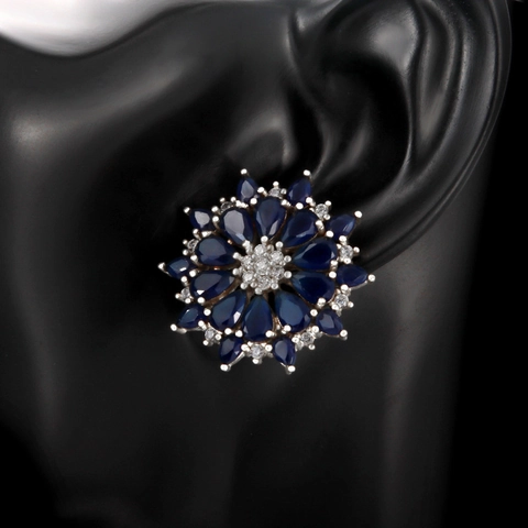 Vintage Gold Plated Copper Flower Stud Earrings With Blue Zircon Artificial Sapphire Rhinestone For Women Wedding Party Jewelry