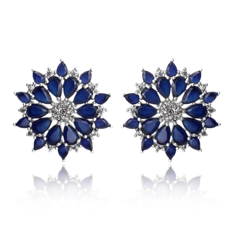 Vintage Gold Plated Copper Flower Stud Earrings With Blue Zircon Artificial Sapphire Rhinestone For Women Wedding Party Jewelry