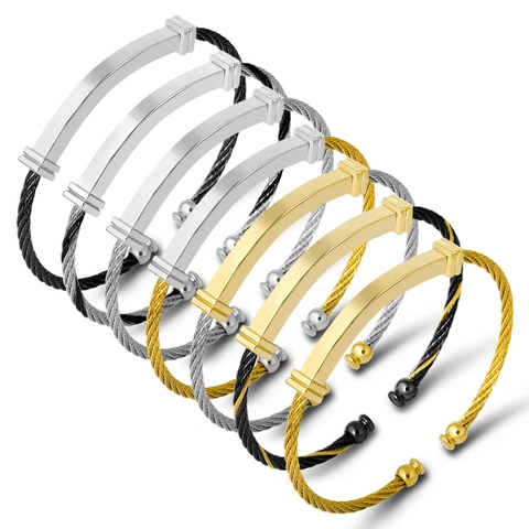 Brazalete Abierto de Acero Inoxidable Para Hombres Mujeres Pulsera de Cable Ajustable Con Placa de Identificación Arqueada Joyería de Estilo Industrial