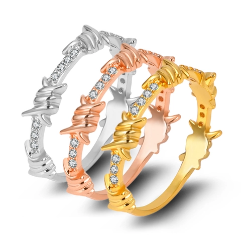 Anello con Spine di Filo Spinato Punk Per Donna Uomo Anello Gotico in Rame Con Zirconia Intarsiata Gioielli di Moda