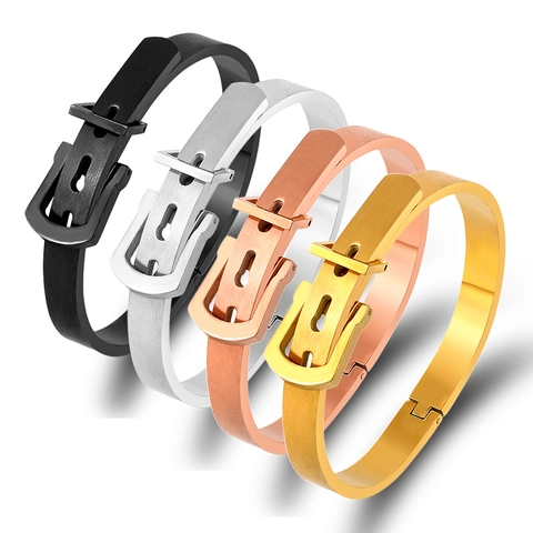 Bracelet Jonc avec Boucle de Ceinture en Acier Inoxydable pour Hommes Femmes Réglable en Acier au Titane Métal Brossé Bijoux de Couple
