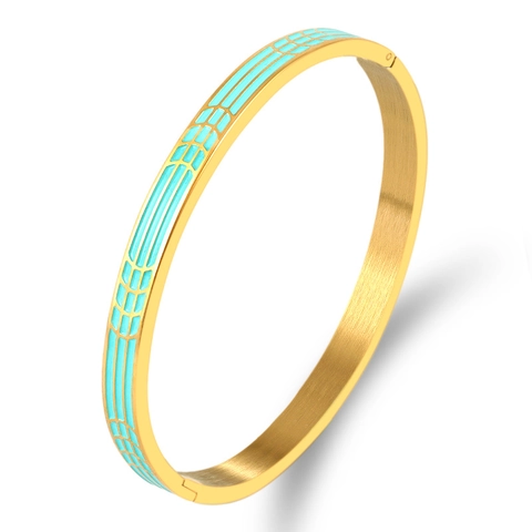 Brazalete Moderno de Acero Inoxidable y Esmalte para Mujer Patrón Geométrico Cierre de Bisagra Color de Contraste Joyería de Moda