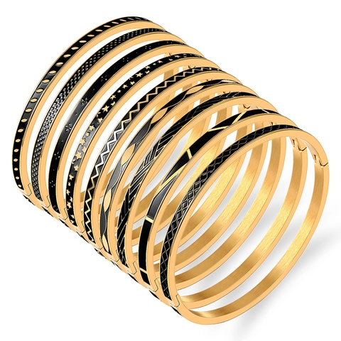 Brazalete de Esmalte de Acero de Titanio de Moda para Mujer Patrón Geométrico de Ondas Estrellas Puntos Brazalete de Bisagra Joyería
