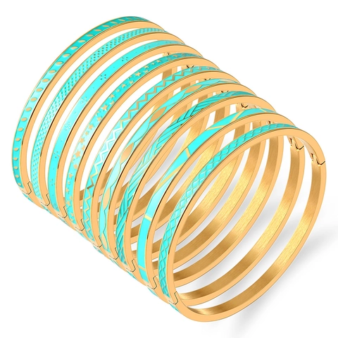 Brazalete de Esmalte de Acero de Titanio de Moda para Mujer Patrón Geométrico de Ondas Estrellas Puntos Brazalete de Bisagra Joyería