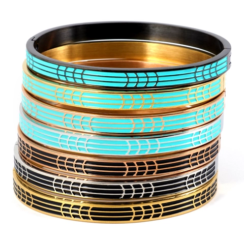 Brazalete Moderno de Acero Inoxidable y Esmalte para Mujer Patrón Geométrico Cierre de Bisagra Color de Contraste Joyería de Moda