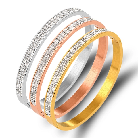 Bracelet Jonc à Charnière en Acier Inoxydable avec Cristaux Pavés Finition Métal Brossé Bracelet Ovale Cadeau Bijoux de Mode Homme Femme