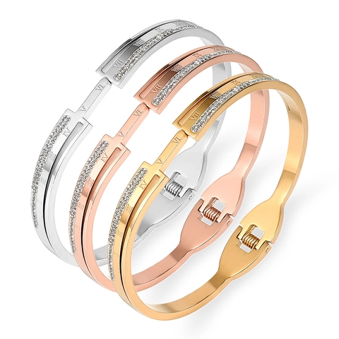 Bracciale Rigido in Acciaio al Titanio con Numeri Romani da Donna Strass Intarsiato Manchette Moda Lusso Oro Argento