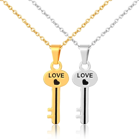 Titanium Steel Key Pendant Necklace For Women Heart LOVE Engraved Key Charm Jewelry Gift Gold Silver Fashion Necklace