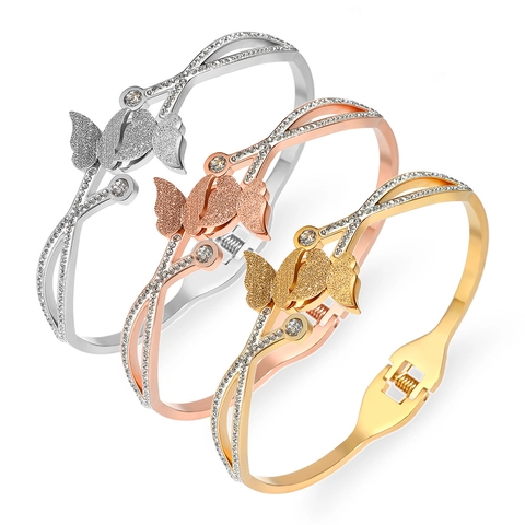 Frosted Butterfly Stainless Steel Bangle For Women Gold Rose Gold Silver Titanium Steel Intertwined Rhinestone Bracelet Jewelry
