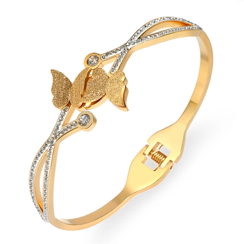 Frosted Butterfly Stainless Steel Bangle For Women Gold Rose Gold Silver Titanium Steel Intertwined Rhinestone Bracelet Jewelry
