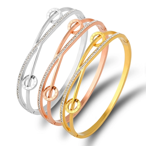 Brazalete de Mujer de Acero Inoxidable con Números Romanos Doble Capa Cruzado con Strass Dorado Plateado Oro Rosa Joyería
