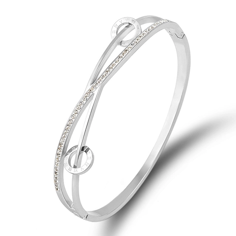 Brazalete de Mujer de Acero Inoxidable con Números Romanos Doble Capa Cruzado con Strass Dorado Plateado Oro Rosa Joyería