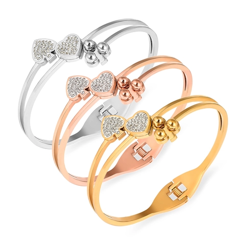 Bracciale Rigido in Acciaio Inossidabile con Cuore e Picche e Strass per Donna Oro Argento Oro Rosa Gioielli di Moda