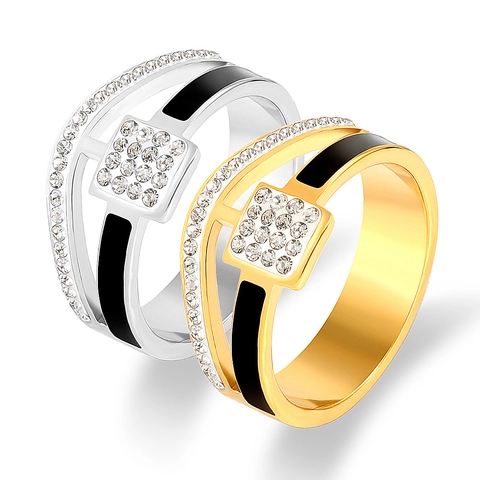Western Fashion Stainless Steel Zirconia Ring Hollow Geometric Enamel Stripe Square Inlaid Jewelry For Women Valentine Day Gift
