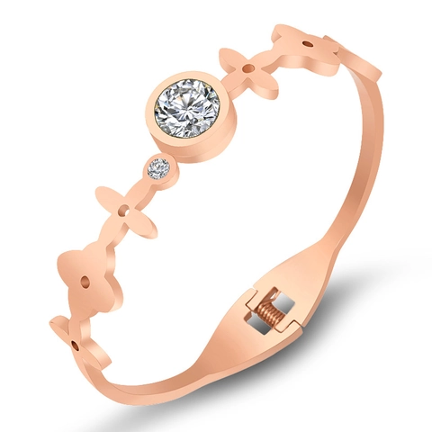 Stainless Steel Zircon Flower Hinged Bangle For Women Gold Rose Gold Silver Open Cuff Bracelet Elegant Fashion Jewelry Accessory