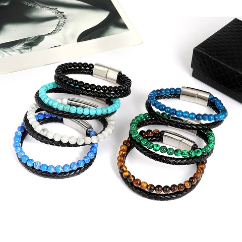 Men's Stainless Steel Genuine Leather Braided Bracelet With Natural Stone Tiger Eye Agate Beads Double Layer Magnetic Clasp Fashion Jewelry