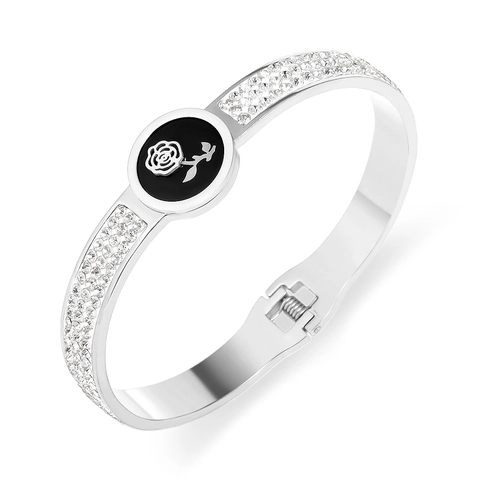 Vintage Stainless Steel Rose Flower Open Bangle With Rhinestone Enamel Inlay Spring Buckle Fashion Jewelry For Women