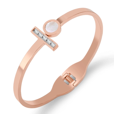 Stainless Steel Hinged Bangle With Mother Of Artificial Pearl Round Charm And Zirconia Rectangle Bar Rose Gold For Women Fashion Jewelry