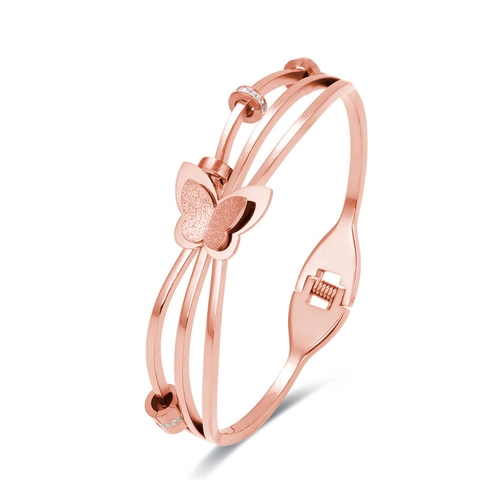 Fashion Stainless Steel Butterfly Bangle For Women Frosted Hollow Layered Bracelet With Zirconia Rhinestone Jewelry Gift