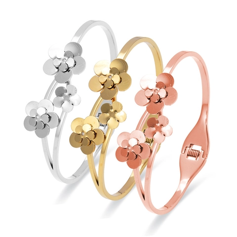 Elegant Stainless Steel Flower Bangle Bracelet For Women Gold Rose Gold Silver Rhinestone Floral Petal Opening Jewelry Gift