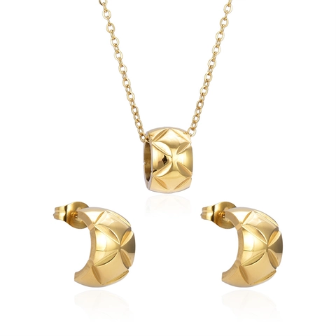 Juego de Joyería Minimalista de Acero Inoxidable para Mujer Collar con Patrón Acolchado Pendientes de Botón Chapados en Oro 18K