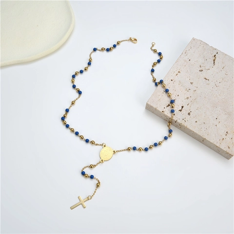 Titanium Steel Rosary Necklace For Women Colorful Beads Religious Cross Pendant Virgin Mary Medal Bohemia Jewelry Necklace