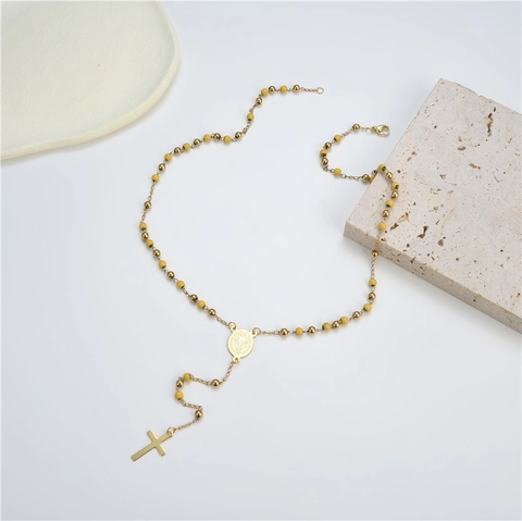 Titanium Steel Rosary Necklace For Women Colorful Beads Religious Cross Pendant Virgin Mary Medal Bohemia Jewelry Necklace