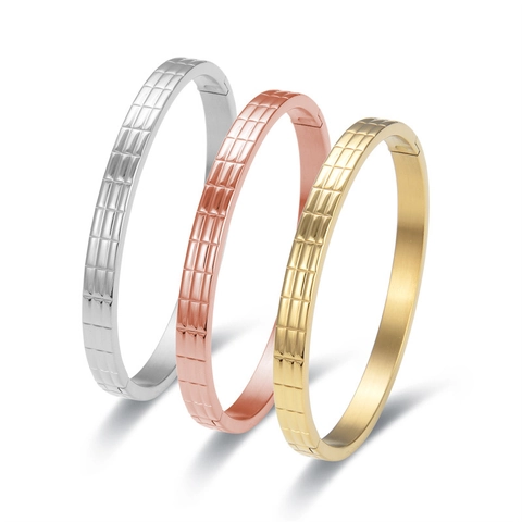 Minimalist Stainless Steel Grid Pattern Bangle For Men Women Geometric Hinged Cuff Bracelet Gold Silver Rose Gold Jewelry