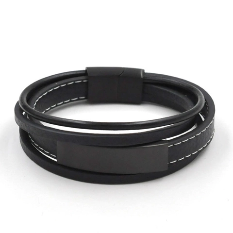 Herren Mehrschichtiges Geflochtenes Lederarmband Mit Edelstahl Magnetverschluss Punk Stil Schwarz Mode Schmuck Geschenk Für Männer