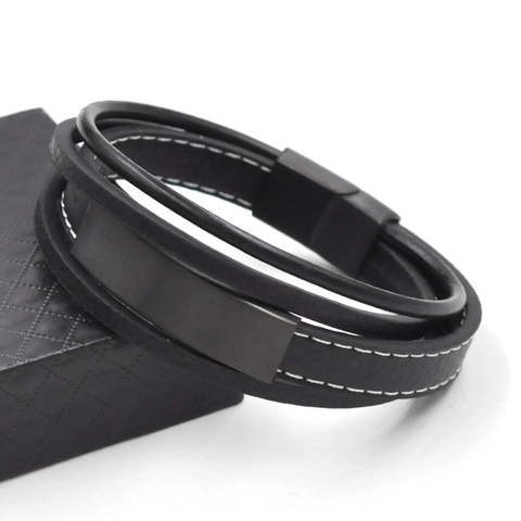Herren Mehrschichtiges Geflochtenes Lederarmband Mit Edelstahl Magnetverschluss Punk Stil Schwarz Mode Schmuck Geschenk Für Männer
