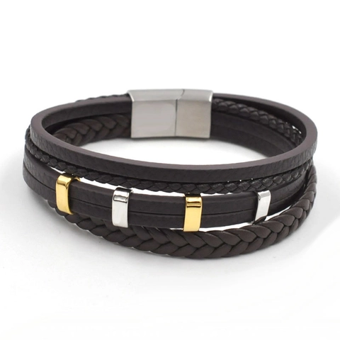 Herren Mehrlagiges Geflochtenes Lederarmband Mit Edelstahl Magnetverschluss Punk Stil Mixed Color Armreif Schmuck