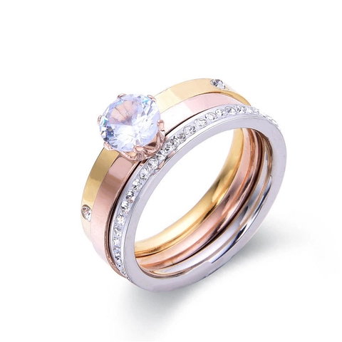 Anillos Apilables de Acero Inoxidable Zirconia Redondo Seis Garras Cristal Fila de Diamantes Boda Compromiso Joyería