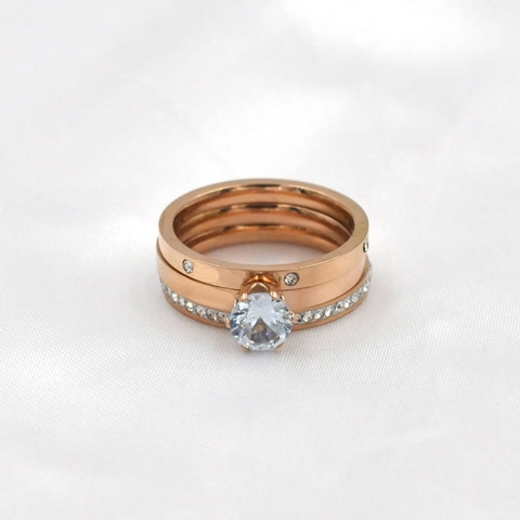 Anillos Apilables de Acero Inoxidable Zirconia Redondo Seis Garras Cristal Fila de Diamantes Boda Compromiso Joyería