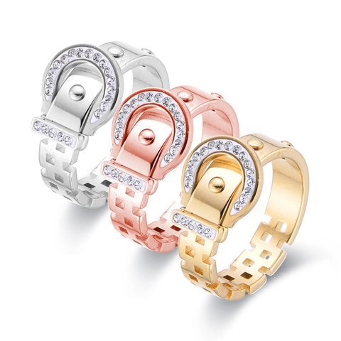 Anillo de Hebilla de Cinturón de Acero Inoxidable de Lujo para Mujer Banda Geométrica Hueca Zirconia Joyería de Dedo