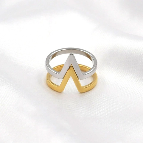 Anillo de Acero Inoxidable en Forma de V de Doble Capa Moda Geométrico Minimalista Bicolor Oro Plata Joyería para Mujer