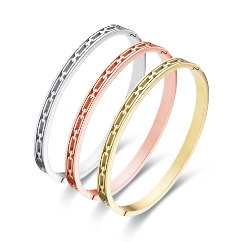 Brazalete Minimalista de Acero Inoxidable con Eslabones de Cadena Huecos Ovalado con Bisagra Oro Plata Rosa Joyería de Moda